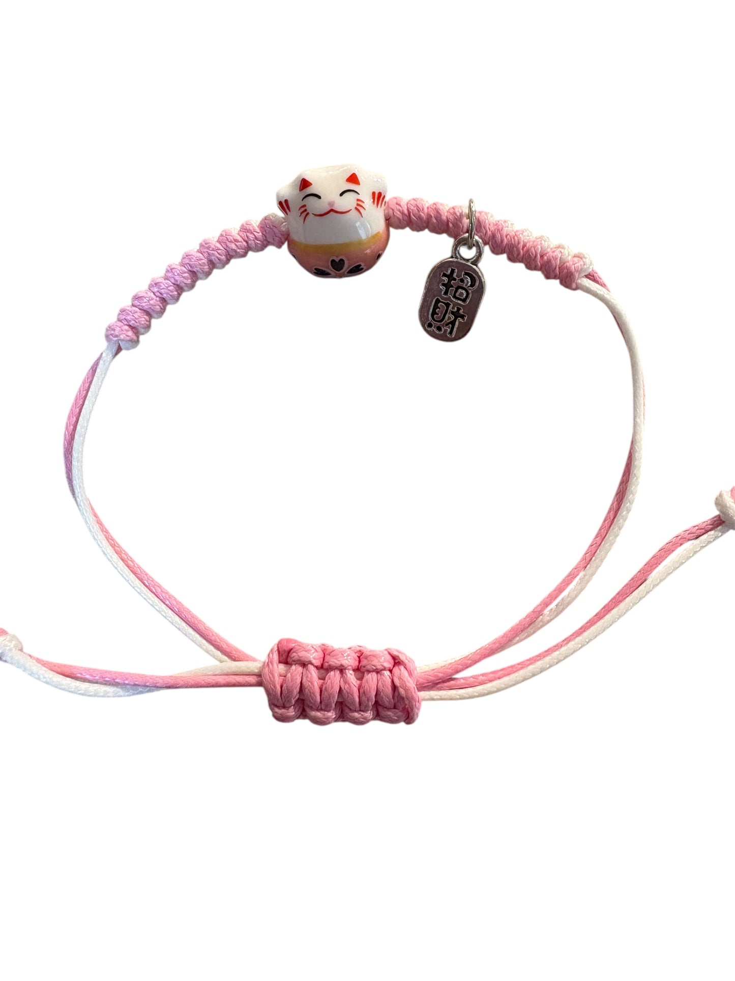 Bracciale Maneki neko Rosa con Filo regolabile bianco e rosa