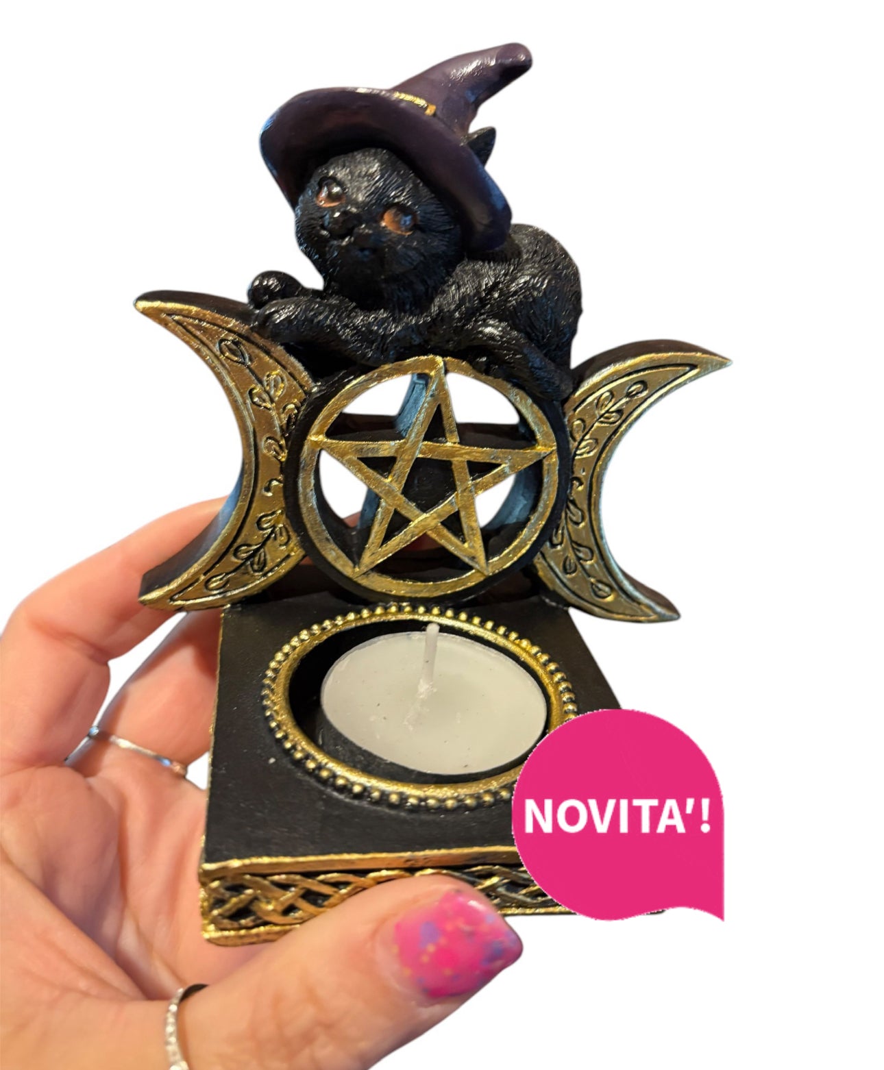 Gatto nero con triplice luna e Pentacolo porta candele tea light 11.2cm