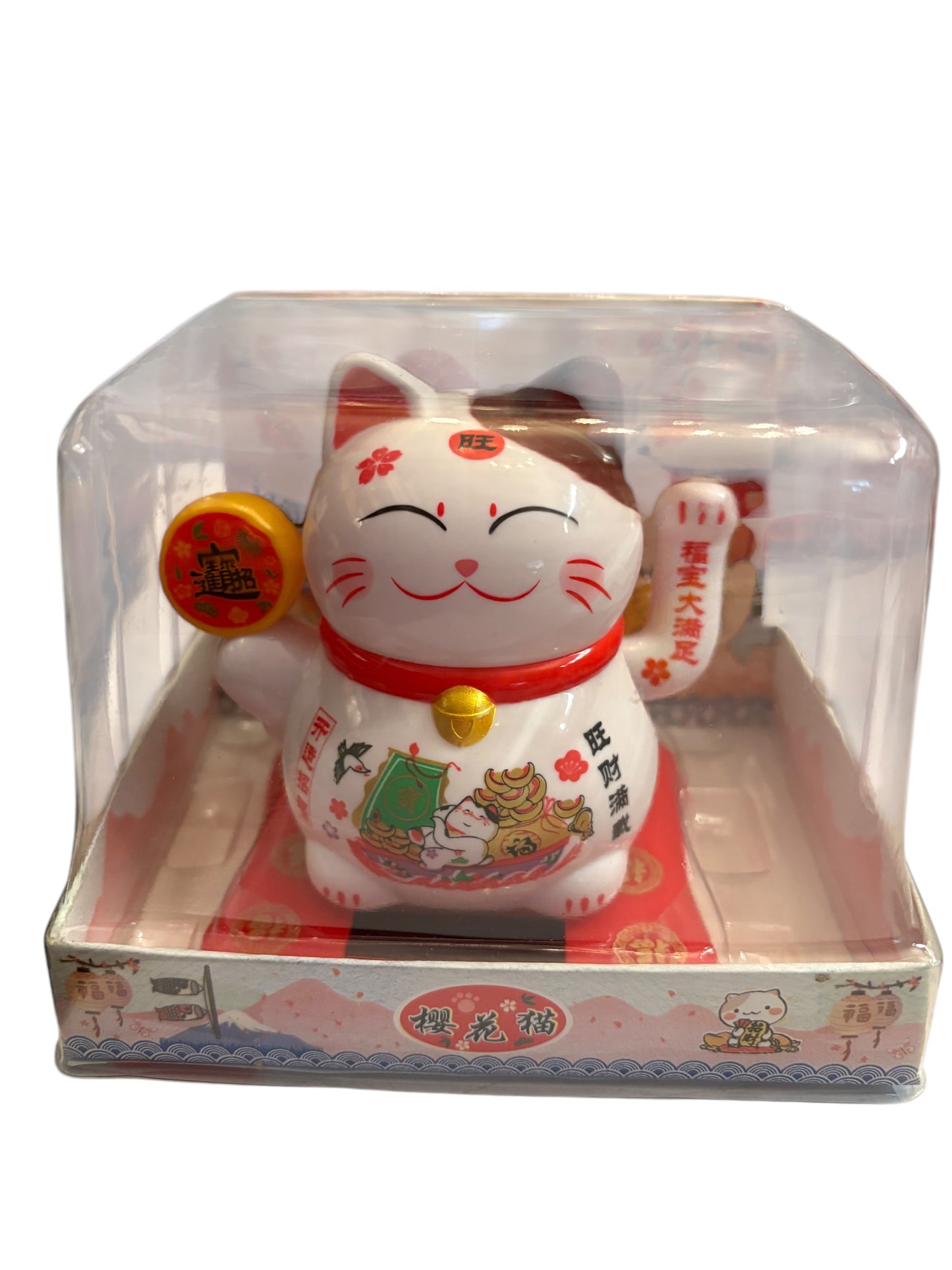 Maneki neko zampina che si muove con tavoletta rotonda in mano