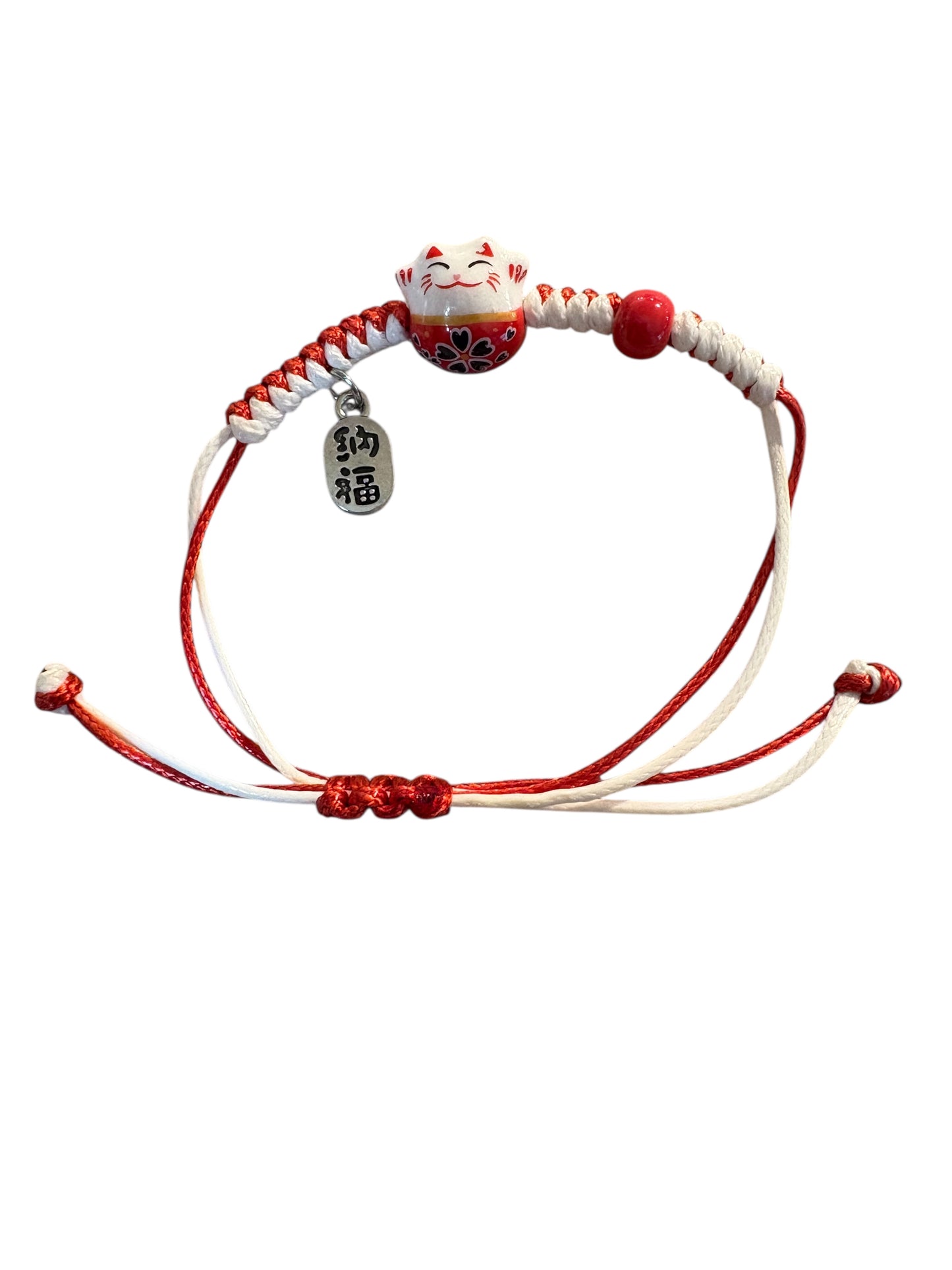 Bracciale Maneki neko Rosso con Filo regolabile bianco e rosso
