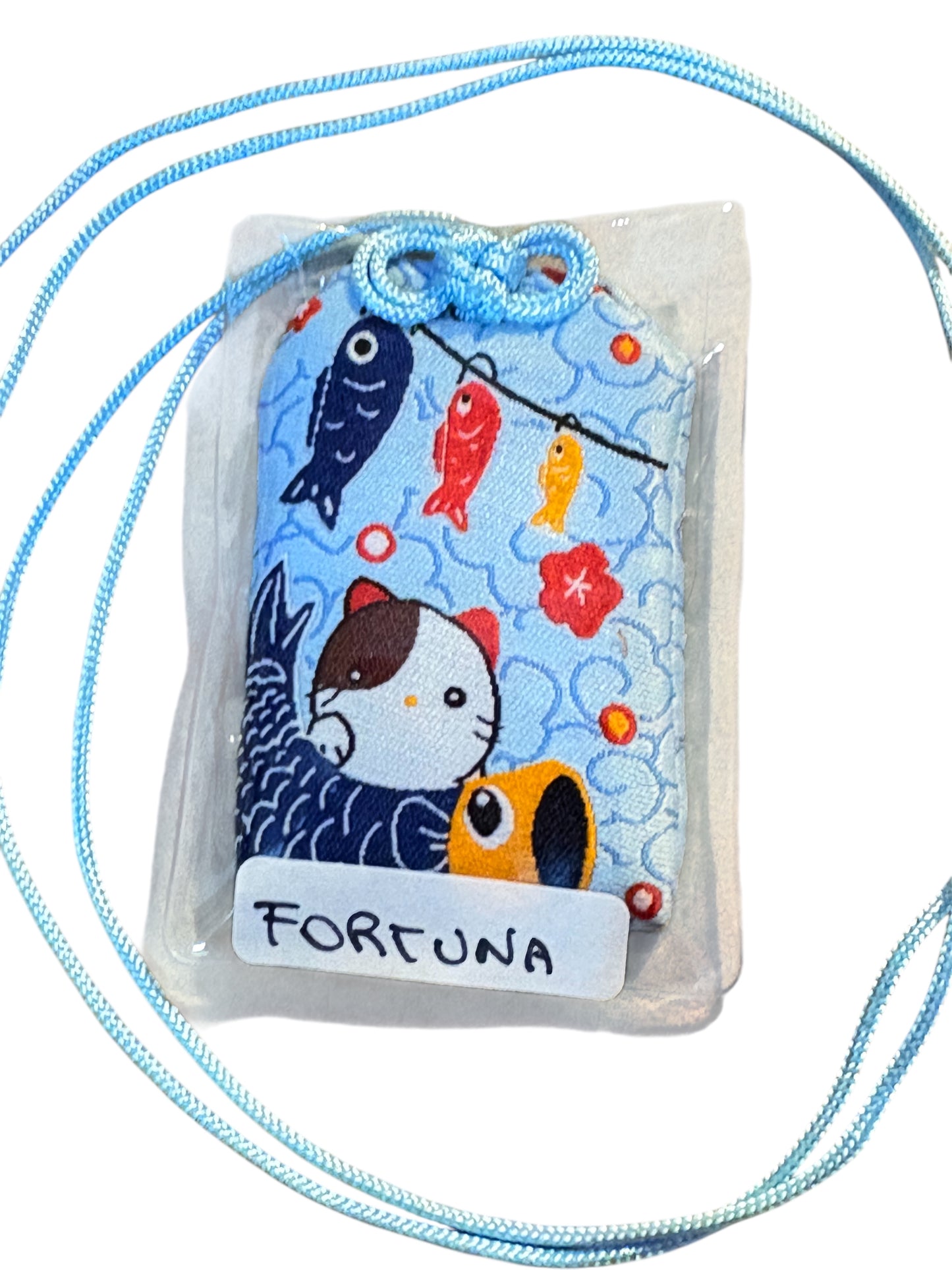 Omamori azzurro con gatti e pesce karpa “SICUREZZA”