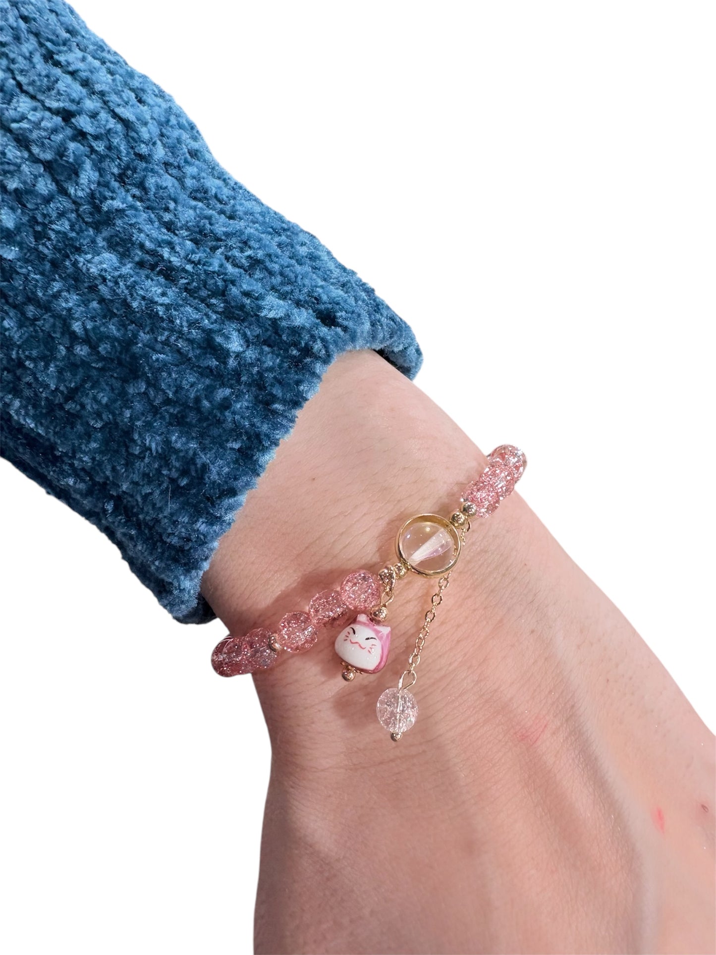 Bracciale Gatto Maneki neko giapponese in cristallo rosa 6mm