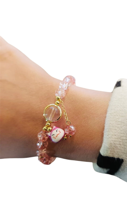 Bracciale Gatto Maneki neko giapponese in cristallo rosa 6mm