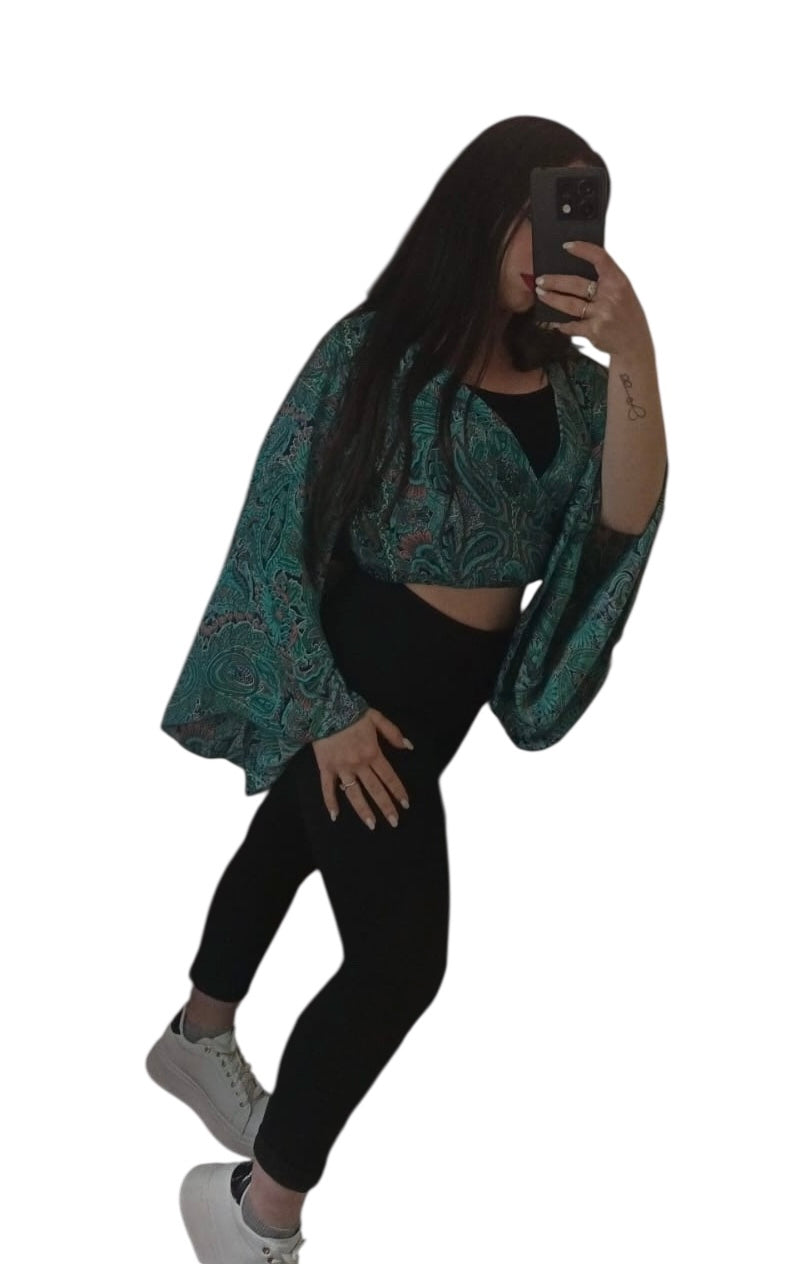 Maglietta multi funzione con maniche larghe OCEANO verde acqua con fiori di loto 🪷100% Seta Made in India