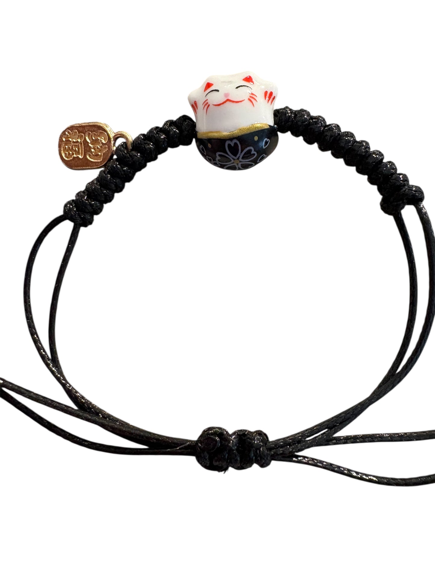 Bracciale Maneki neko nero - Filo regolabile nero