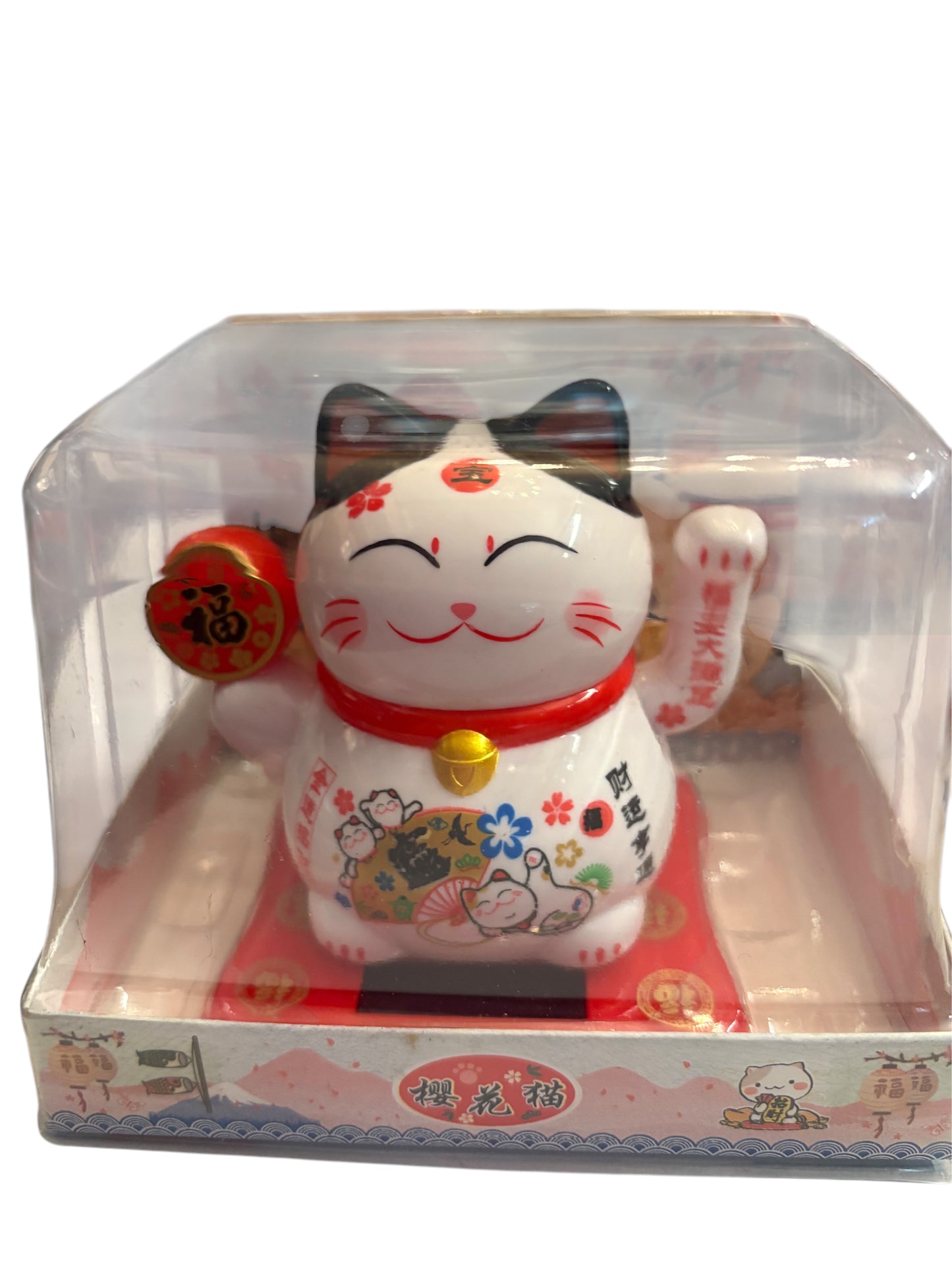 Maneki neko zampina che si muove con tavoletta rotonda in mano