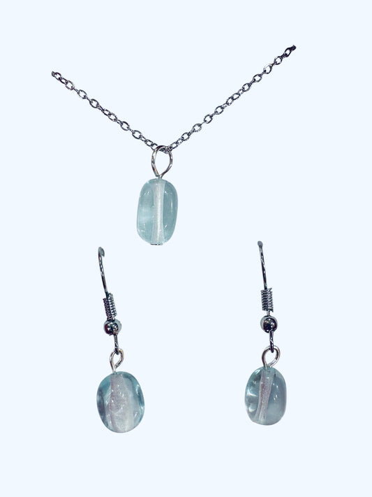 Parure Collana e Orecchini OSSIDIANA AZZURRA “Goccia di mare”