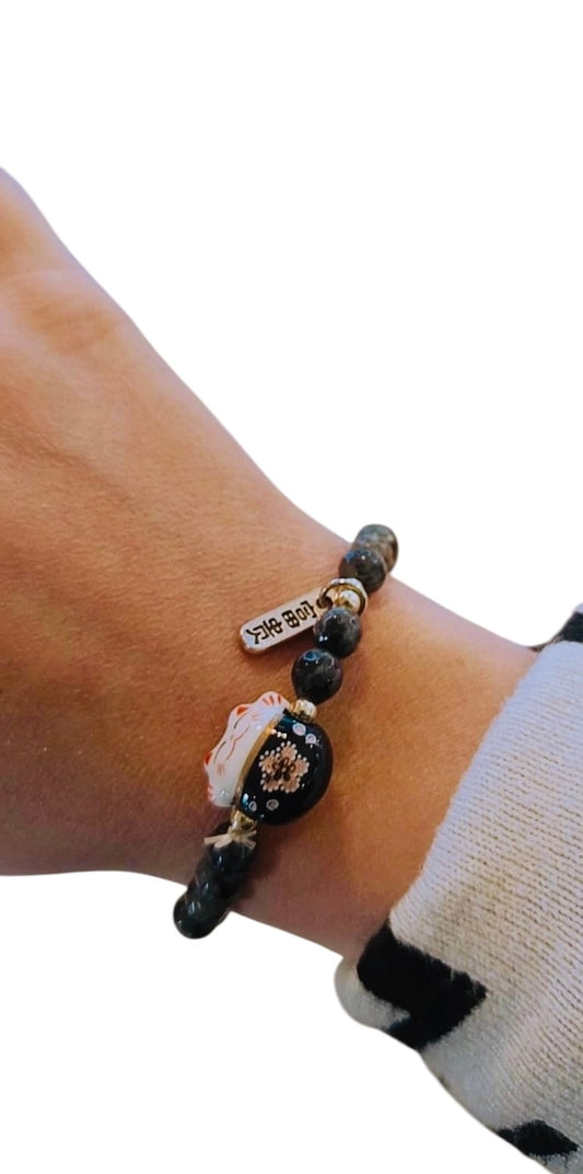 Bracciale Maneki neko Agata nera  6 mm
