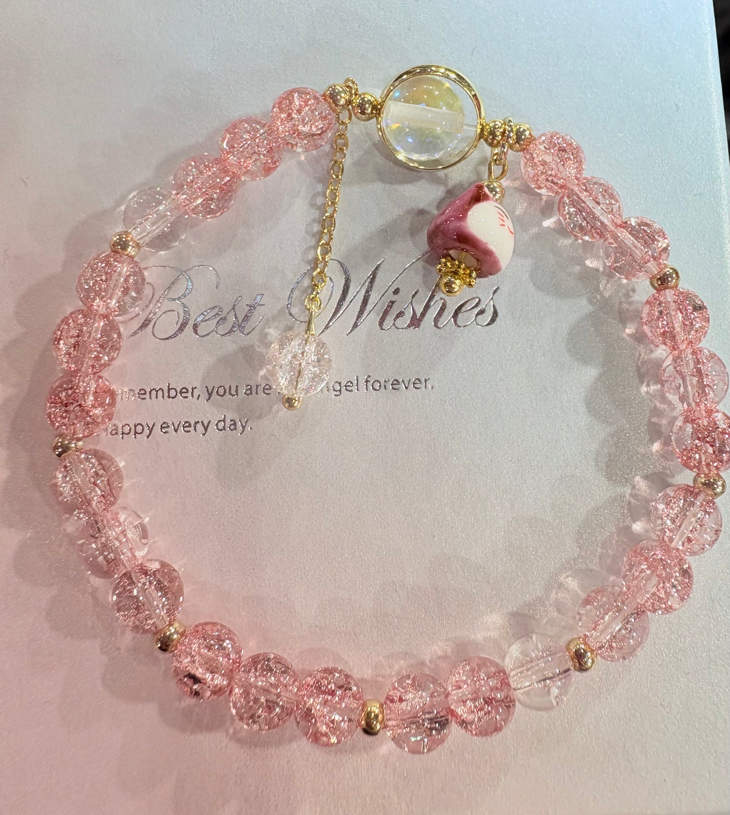 Bracciale Gatto Maneki neko giapponese in cristallo rosa 6mm