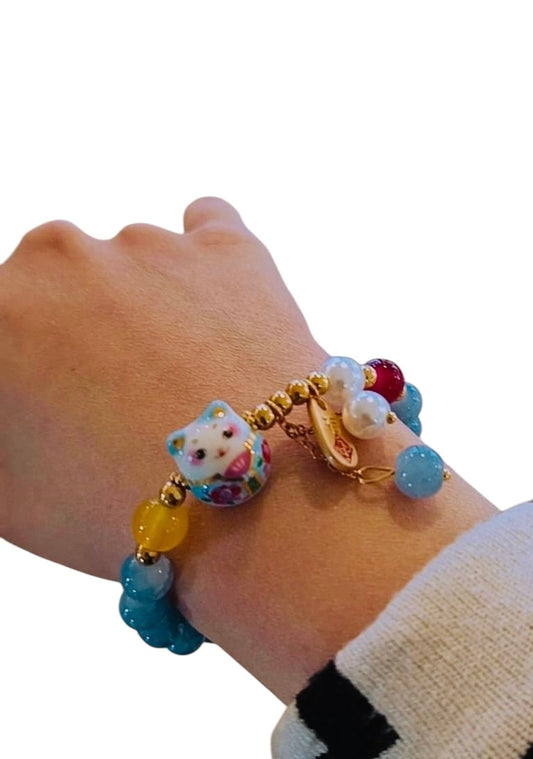 Bracciale Gatto Maneki neko giapponese - azzurro con scritta