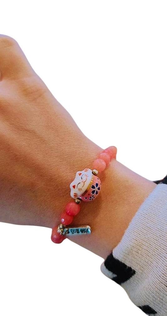 Bracciale Maneki neko Agata rosa  6 mm