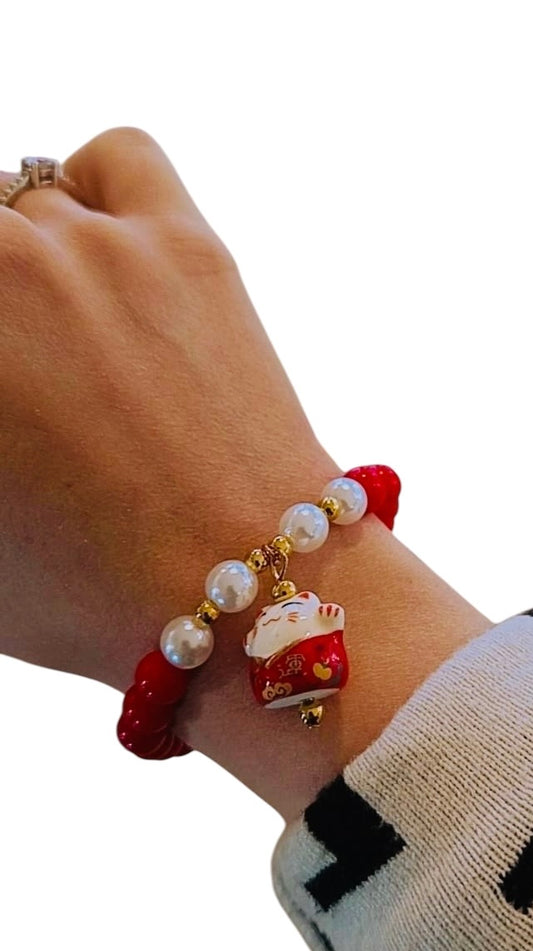 Bracciale Maneki neko rosso 8 mm