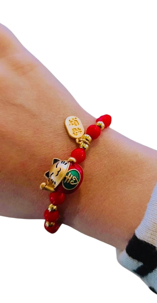 Bracciale Maneki neko rosso corallo “Porta denaro”