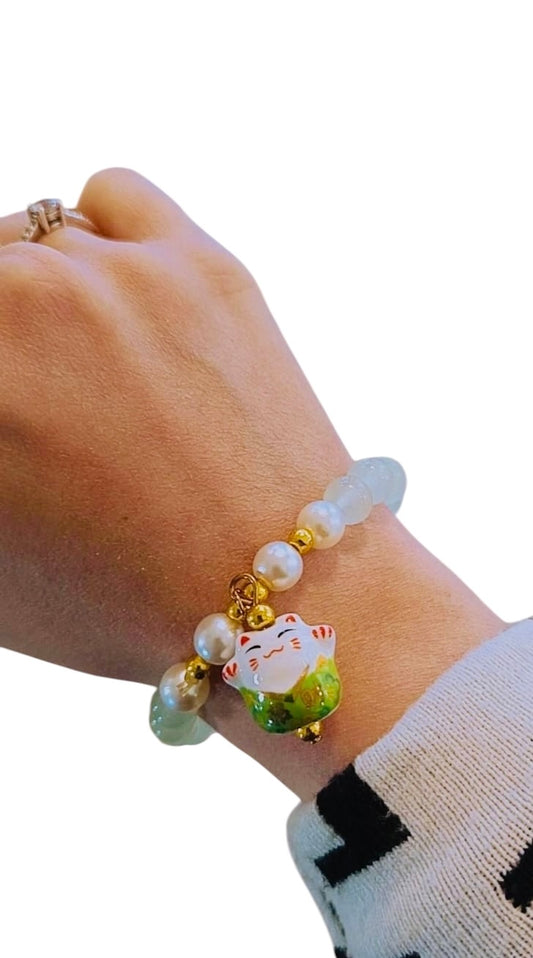 Bracciale Maneki neko Agata azzurra   8 mm