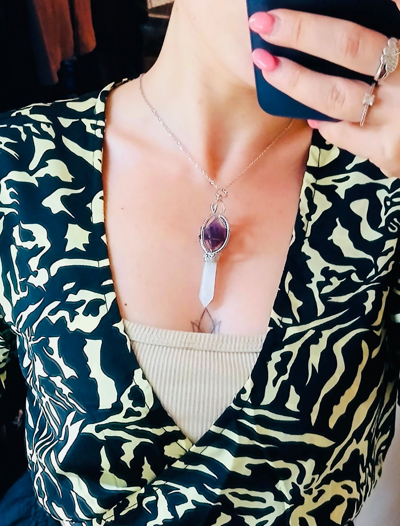 Collana Merkaba a punta Ametista e Cristallo di Rocca