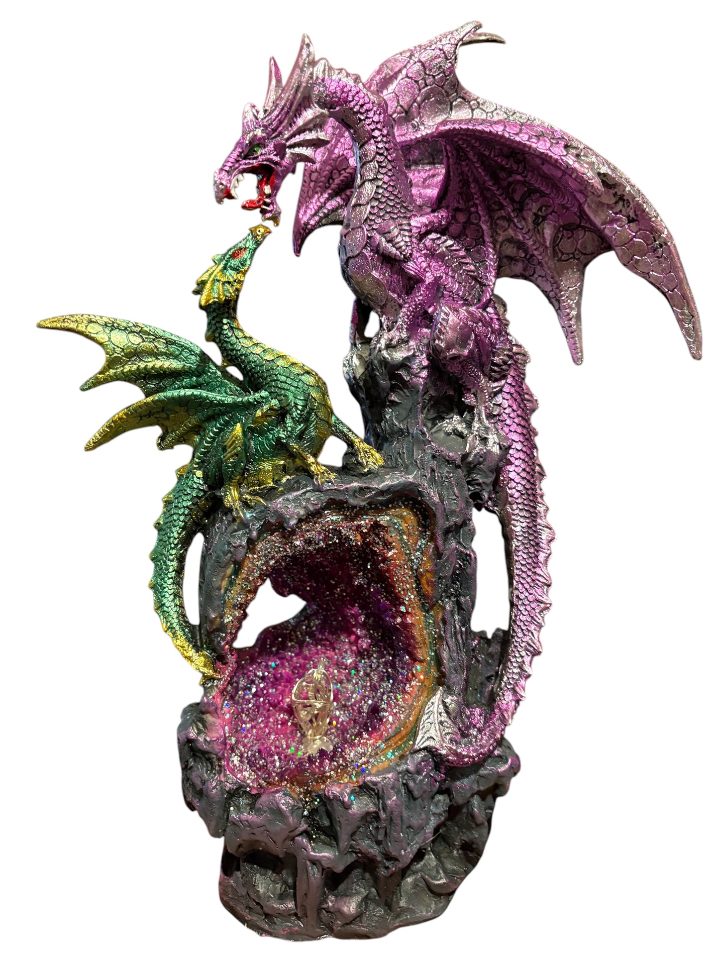 Mamma drago e il cucciolo su una roccia che si illumina 32.5 cm
