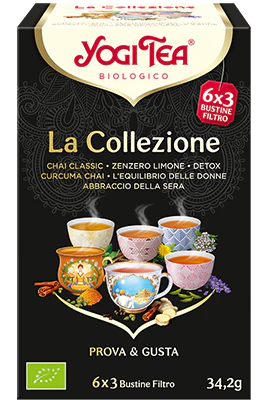 YOGI TEA - LA COLLEZIONE - (CHAI CLASSIC • ZENZERO LIMONE • DETOX
CURCUMA CHAI • L'EQUILIBRIO DELLE DONNE
ABBRACCIO DELLA SERA)