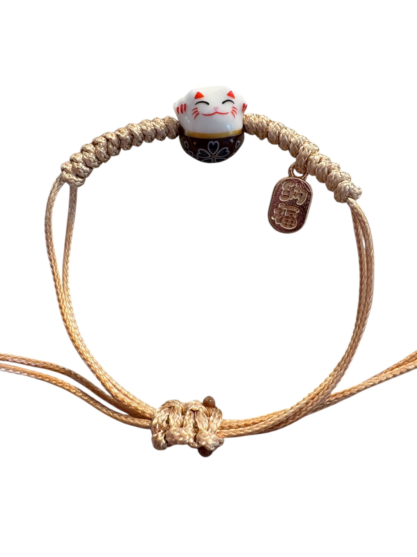 Bracciale Maneki neko Nero con Filo regolabile Beige