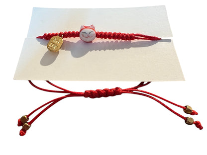 Bracciale Maneki neko - FILO ROSSO - viso con gattino mini