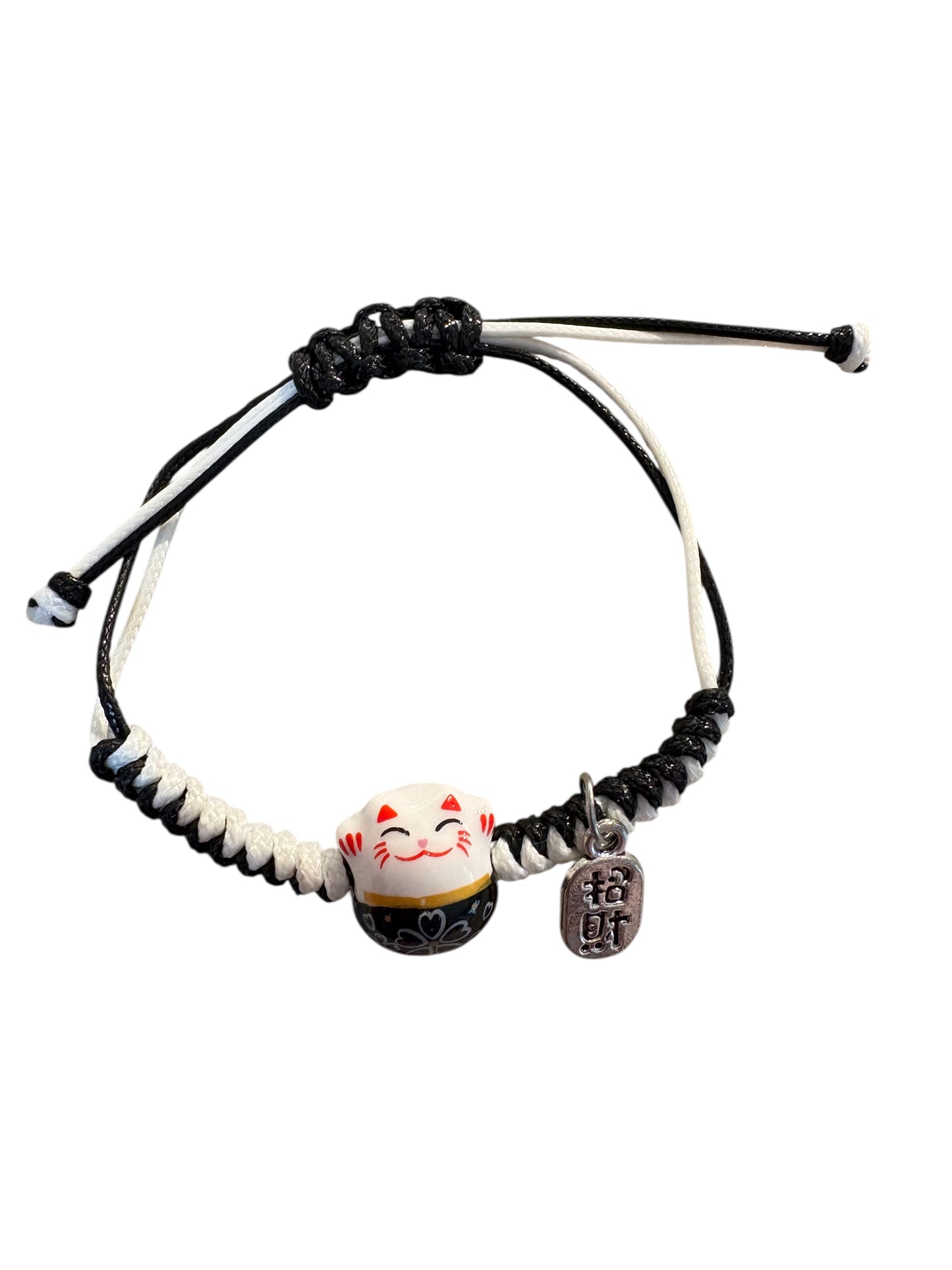 Bracciale Maneki neko Nero con Filo regolabile bianco e nero