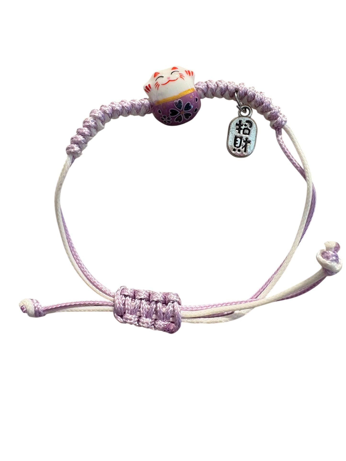 Bracciale Maneki neko Viola con Filo regolabile bianco e lilla
