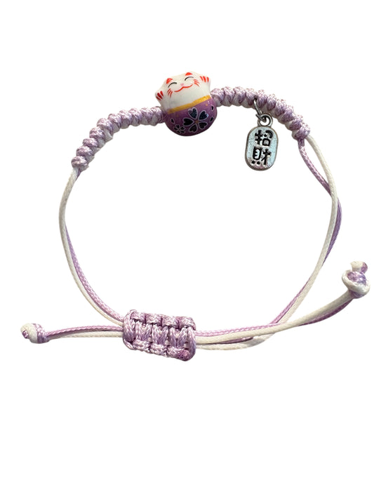 Bracciale Maneki neko Viola con Filo regolabile bianco e lilla