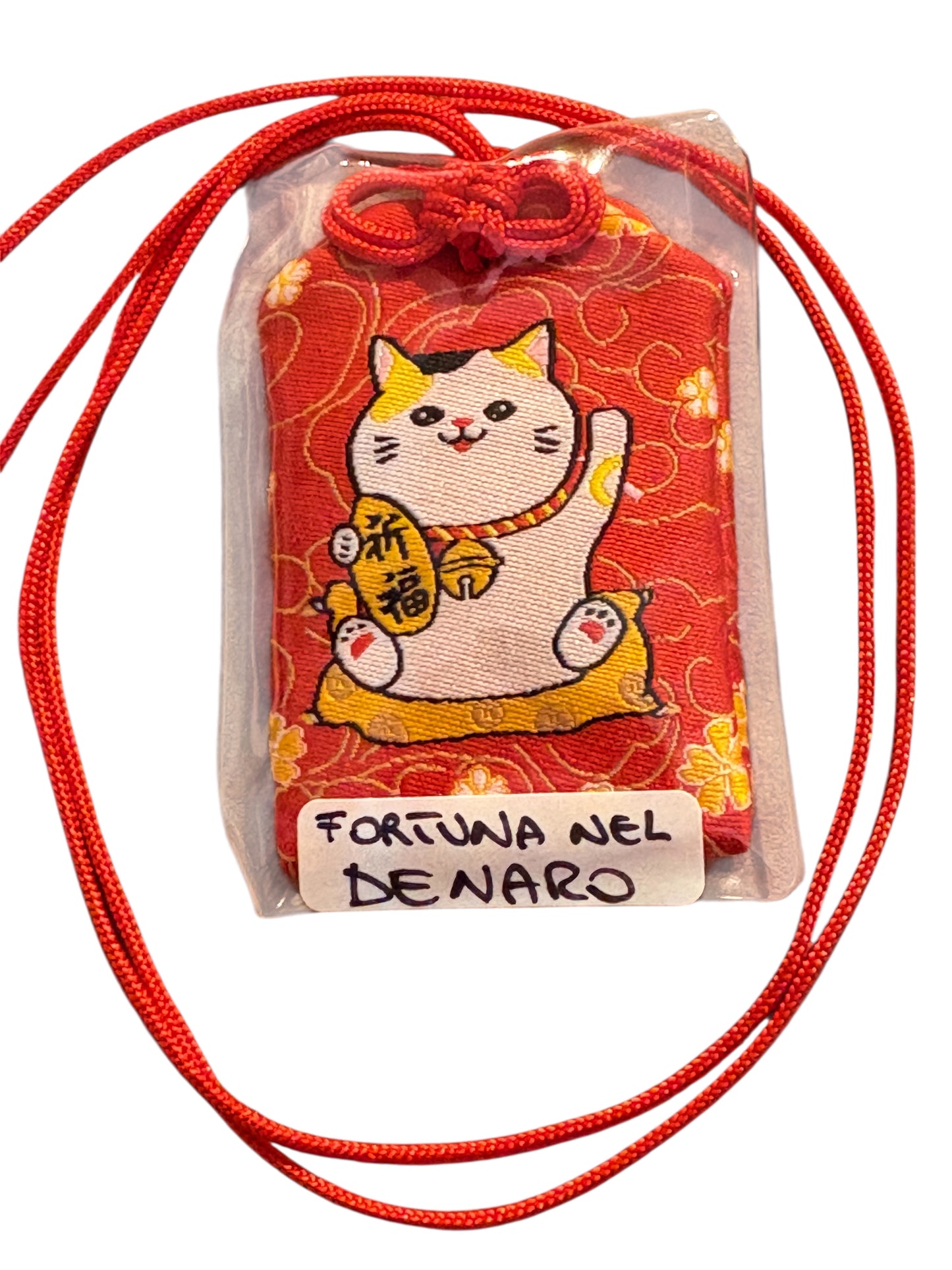 Omamori rosso con gatto Maneki neko  “FORTUNA NEL DENARO”