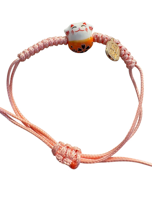 Bracciale Maneki neko Arancione con Filo regolabile Rosa