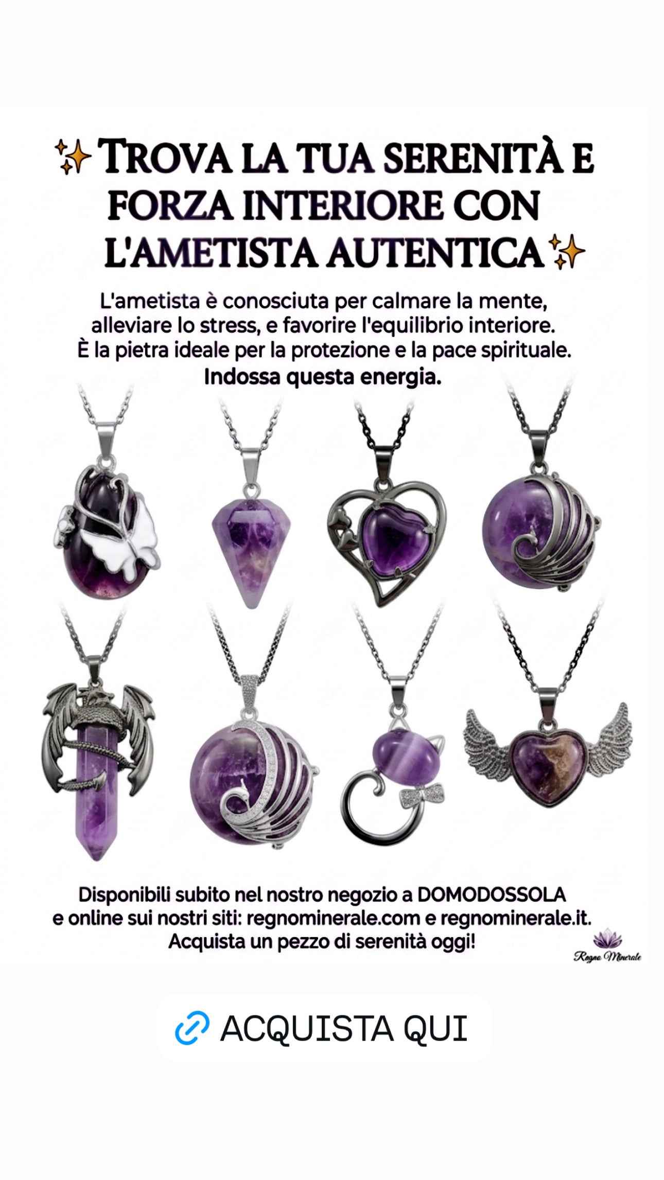 Collana AMETISTA - varie forme: goccia con farfalla, pendolino, cuore, pavone, drago, gatto, cuore con ali