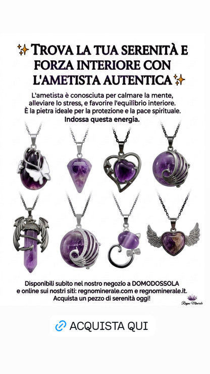 Collana AMETISTA - varie forme: goccia con farfalla, pendolino, cuore, pavone, drago, gatto, cuore con ali