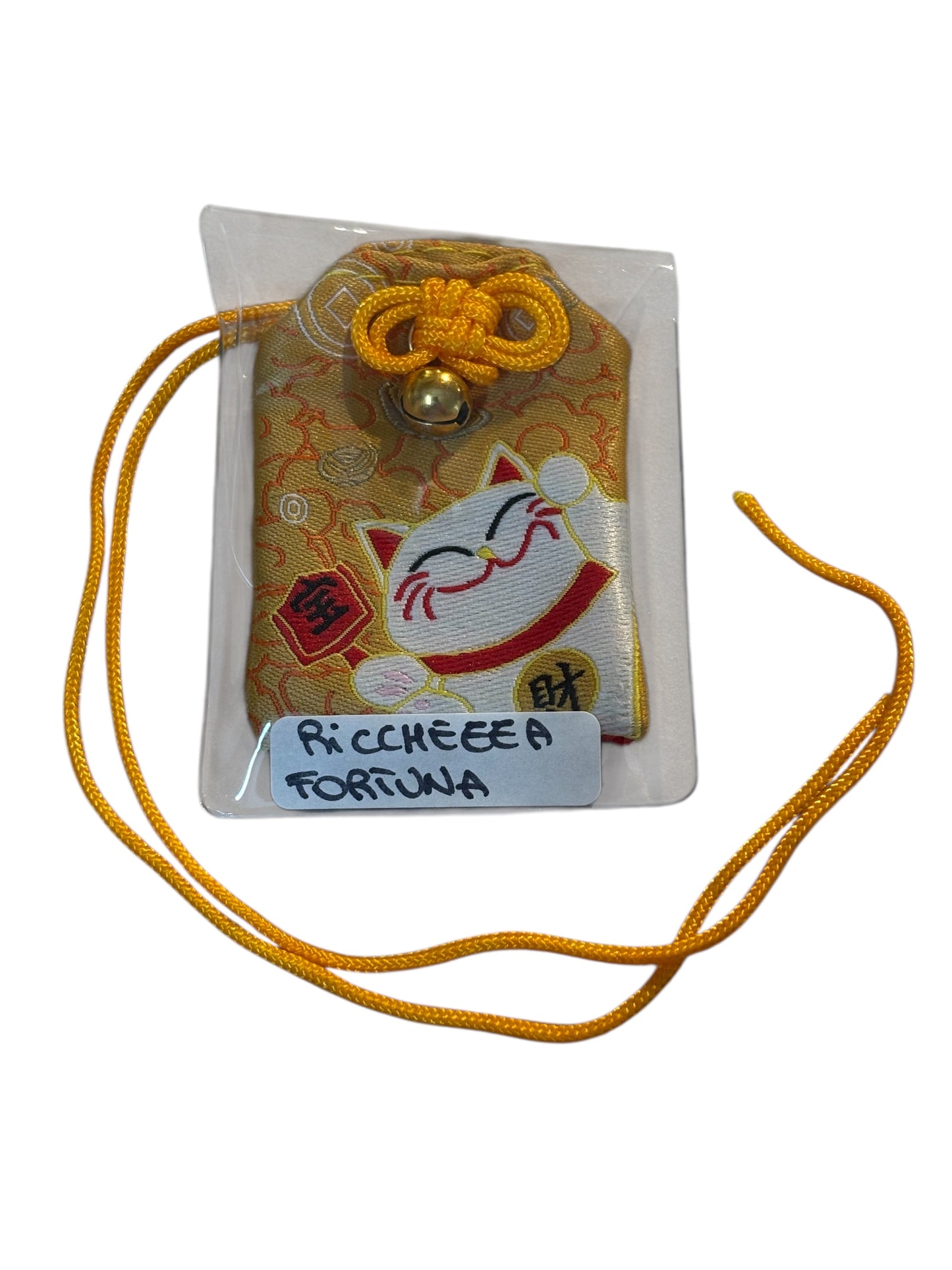 Omamori giallo con gatto “RICCHEZZA E FORTUNA”