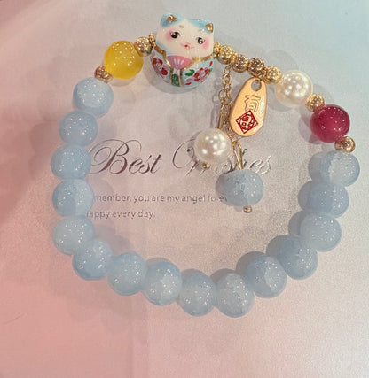 Bracciale Gatto Maneki neko giapponese - azzurro con scritta