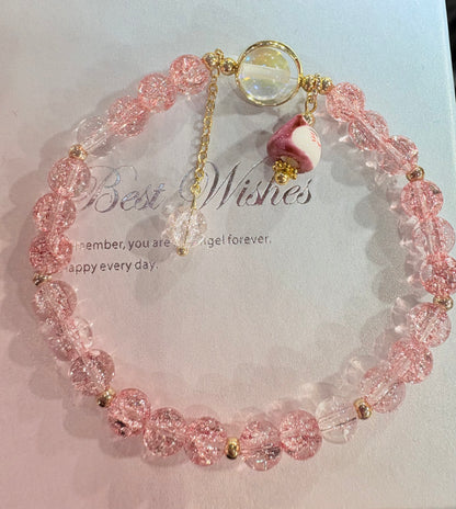 Bracciale Gatto Maneki neko giapponese in cristallo rosa 6mm