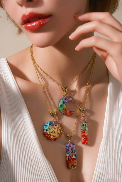 Collana Orgonite con Pietre all’interno: Luna, Geometria sacra, Rettangolo infinito - Collanina in Acciaio