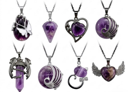 Collana AMETISTA - varie forme: goccia con farfalla, pendolino, cuore, pavone, drago, gatto, cuore con ali