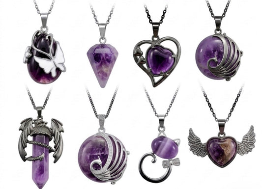 Collana AMETISTA - varie forme: goccia con farfalla, pendolino, cuore, pavone, drago, gatto, cuore con ali