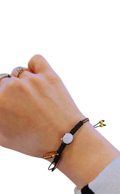 Bracciale Maneki neko - FILO NERO - viso con gattino mini