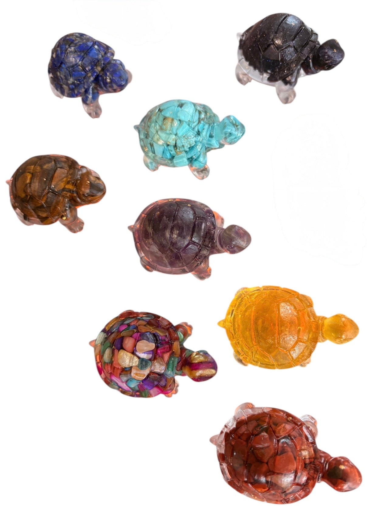 Tartaruga in Pietra di Orgonite - (lunga 5 cm) 💎 Ametista, Lapislazzuli, Occhio di tigre, Turchese, Pietra del sole, Cianite, Madreperla, Diaspro Rosso