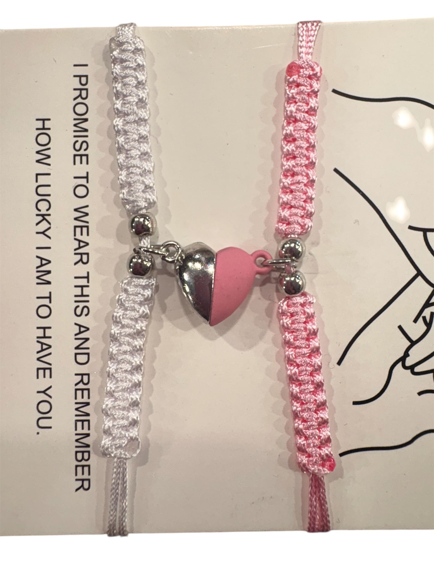 2 Bracciali Cuori magnetici in filo rosa e bianco