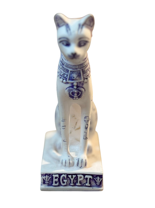 Gatto egiziano statuetta di 10.5 cm. Bianco e blu