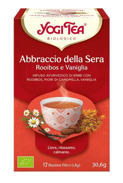 YOGI TEA Abbraccio della Sera
(Rooibos e Vaniglia
INFUSO AYURVEDICO DI ERBE CON
ROOIBOS, FIORI DI CAMOMILLA, VANIGLIA)