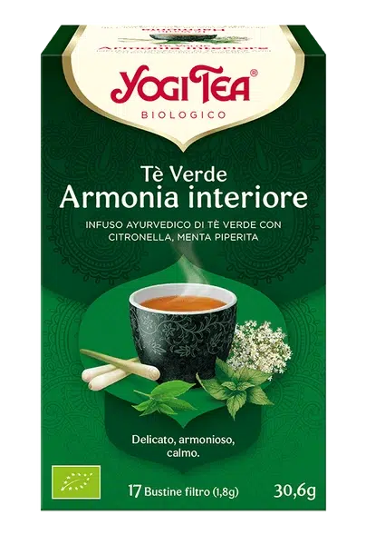YOGI TEA 
Te Verde -
Armonia interiore
(INFUSO AYURVEDICO DI TE VERDE CON CITRONELLA, MENTA PIPERITA)