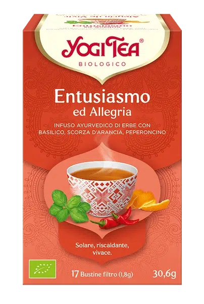 YOGI TEA Entusiasmo
ed Allegria (INFUSO AYURVEDICO DI ERBE CON
BASILICO, SCORZA D'ARANCIA, PEPERONCINO)