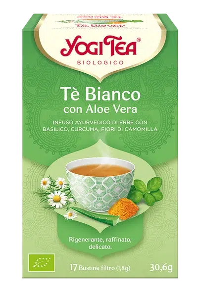 YOGI TEA Te Bianco con Aloe Vera
(INFUSO AYURVEDICO DI ERBE CON BASILICO, CURCUMA, FIORI DI CAMOMILLA)