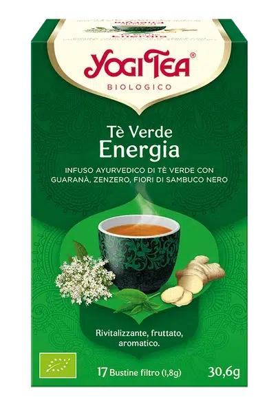 YOGI TEA Tè Verde
Energia
(INFUSO AYURVEDICO DI TE VERDE CON GUARANA, ZENZERO, FIORI DI SAMBUCO NERO)